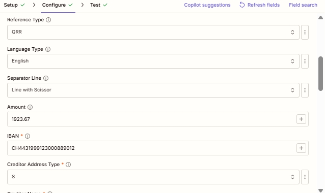 Zapier Create Swiss QR Bill action: Block 2: Reference Type, Language Type, Separator Line, Amount, IBAN, Creditor Address Type